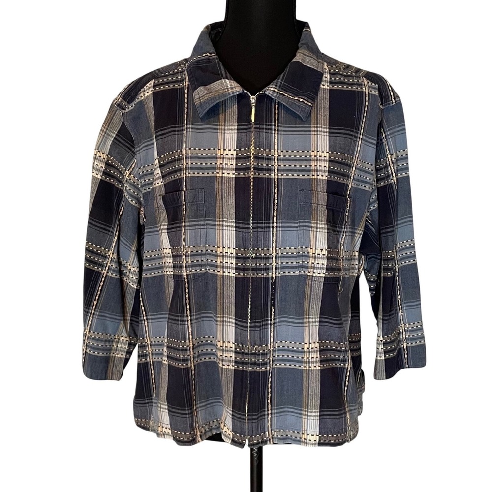 LEMON GRASS‎ Plaid Zip Up Jacket Women XL 3/4 Sleeve Collared Shirt Top layering